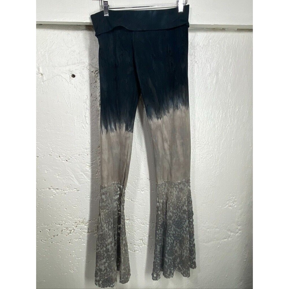 WOMENS MED FOLD OVER BELL BOTTOM YOGA PANTS EMBROIEDED MESH HEM Y2K BOHO